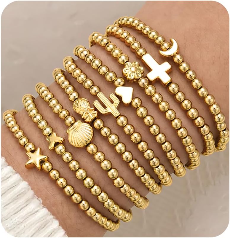 ÌF ME 16 PCS Gold Bead Bracelet for Women, Gold Beaded Stretch Plated Stackable Strand Bead Ball Bracelets stack Adjustable Jewelry Set for Gifts