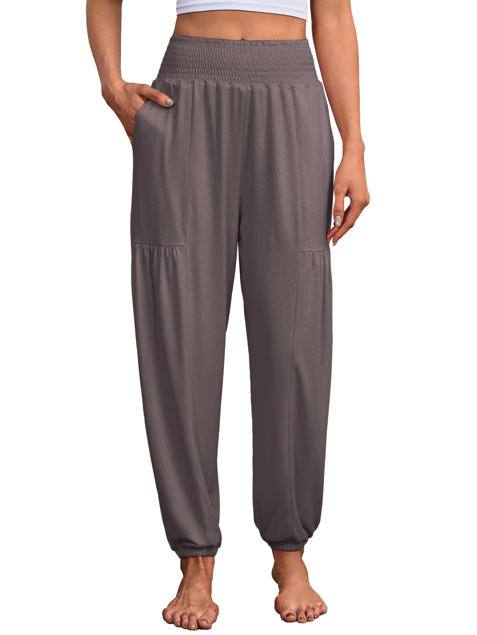 Famulily Leichte Sport Haremshose für Damen locker gesmokte Boho-Yogahose mit hoher Taille und Taschen S-XXL