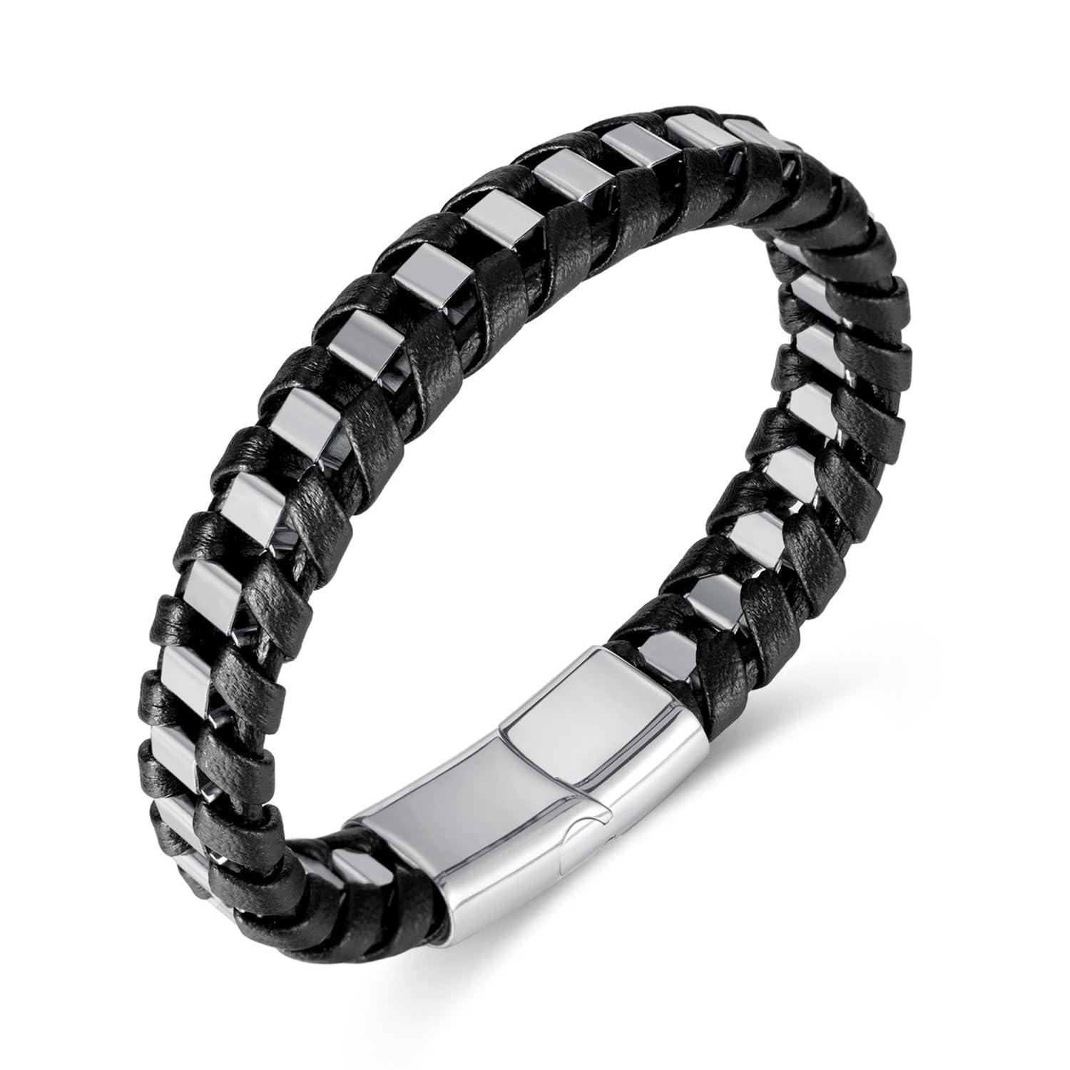 Peora Stainless Steel & Black Leather Openable Bracelet Stylish Fashion Casual Jewellery for Men & Boys (B0CVGVX8DG) Amazon Price History, Amazon Price Tracker