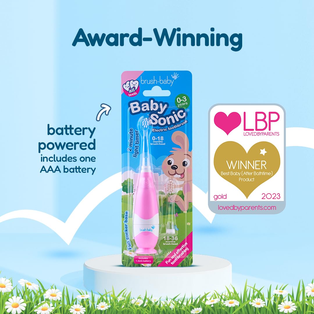 Brush-Baby - BabySonic - Spazzolino elettrico rosa, 0-36 mesi, morbido e delicato, per gengive sensibili e denti nuovi, con luce LED e base di aspirazione, testine per neonati e bambini