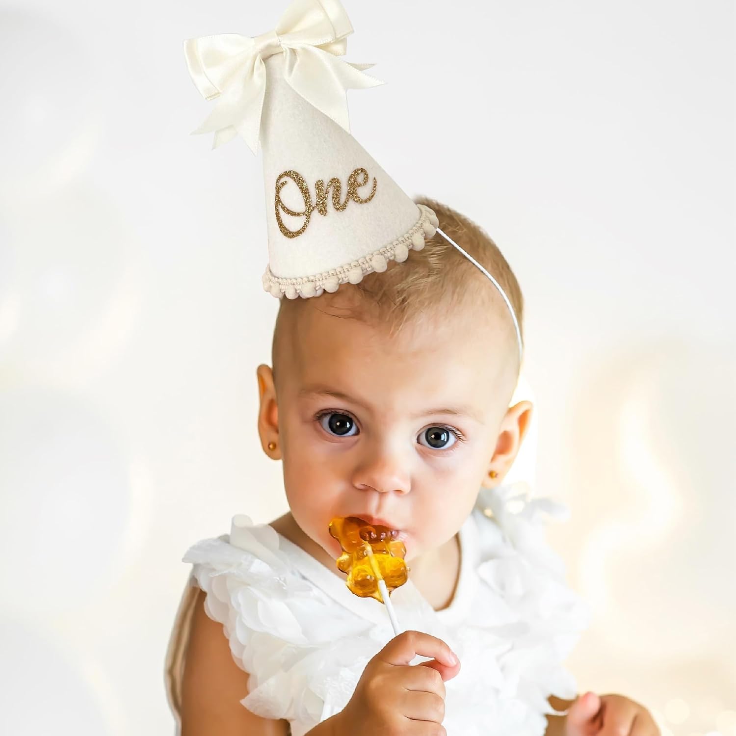 Bow 1st Birthday Hat, Baby Girls First Birthday Crown, Bow Themed Decorations for Girl, Princess Cone Hat, Cake Smash and Photo Props