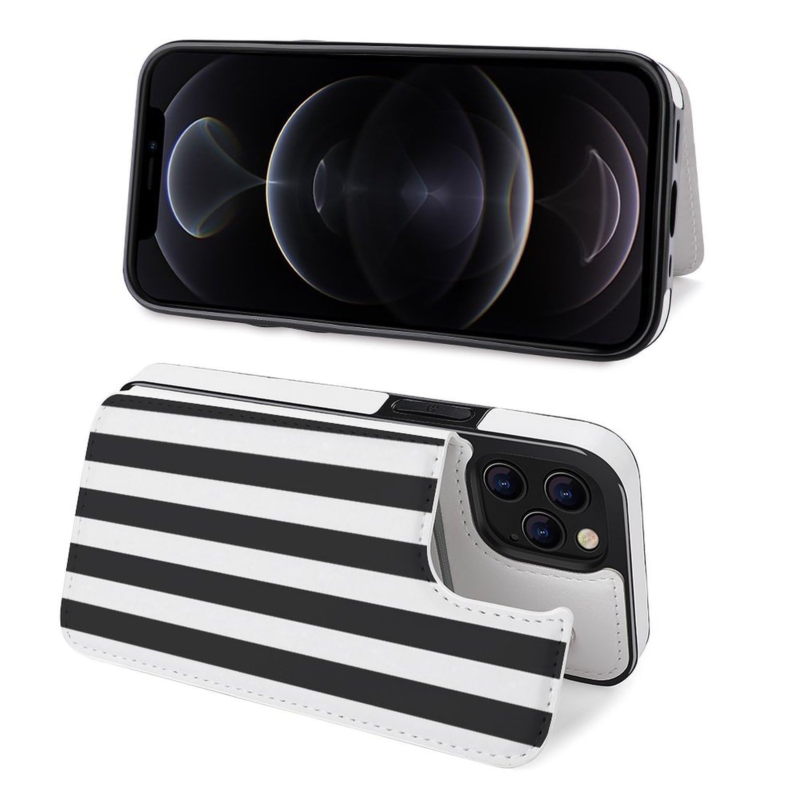 Fundas tipo cartera para iPhone 12 Pro Max, con estampado de rayas blancas y negras, funda de piel con ranuras para tarjetas