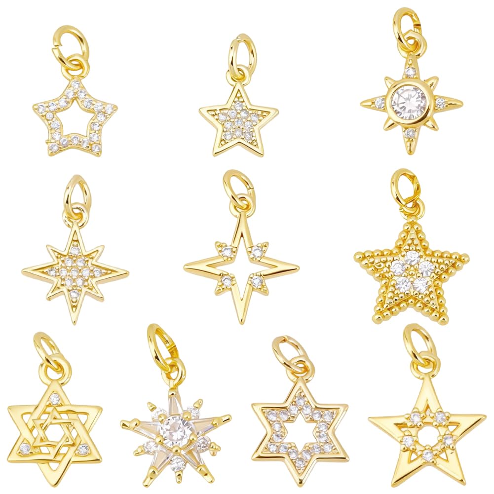 Breloques Étoiles à Huit Branches en Or 18K et Strass (10 pièces)