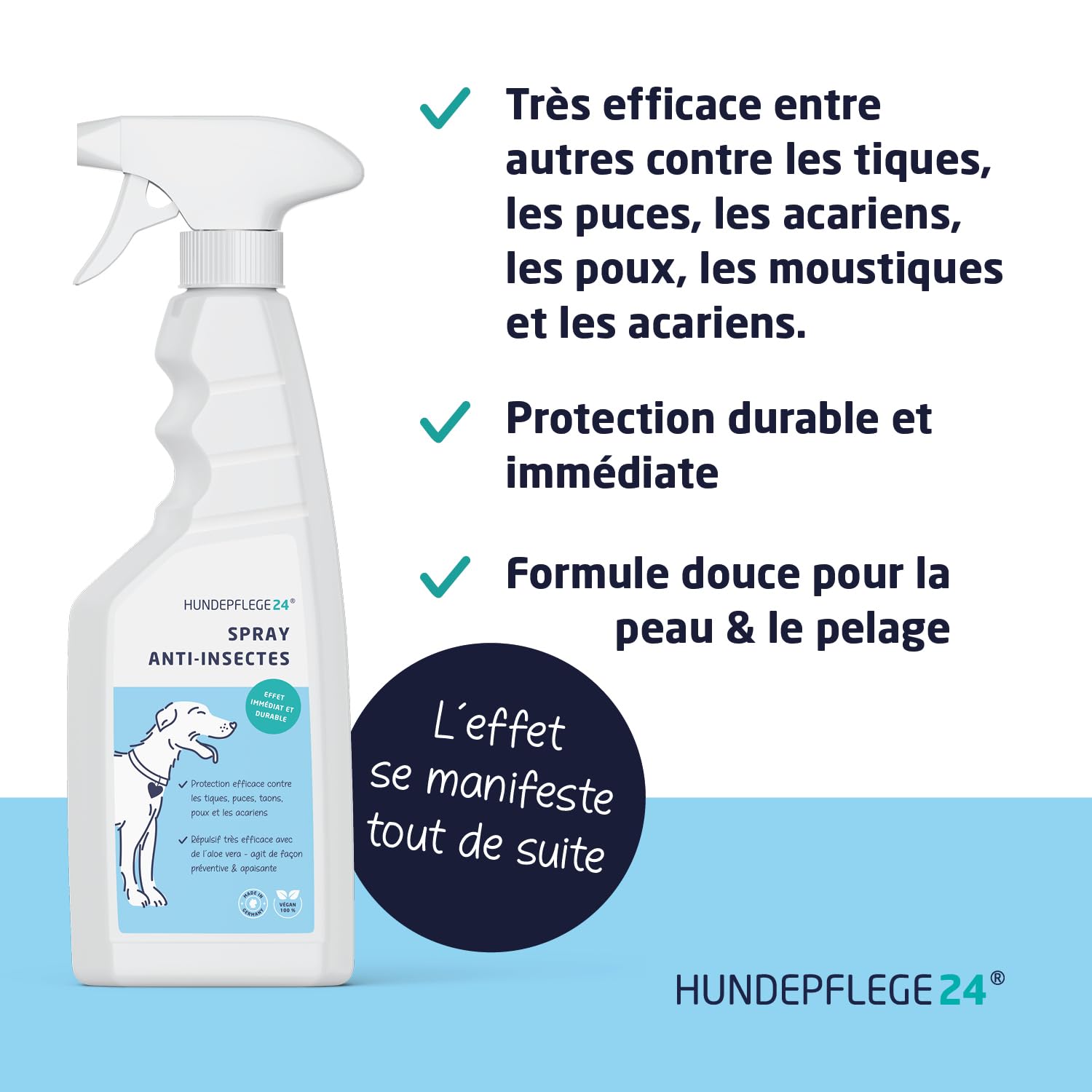 Spray Anti Tique et Anti Puces Chien 500ml - Protection hautement Efficace Contre Les tiques, puces & acariens pour Les Chiens avec du géraniol et de l'aloe Vera - Action immédiate