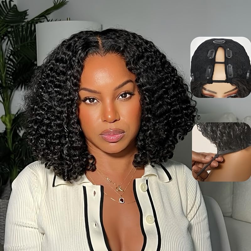 V Part Burmese Curly Wig Human Hair 200% Density Upgrade U Part Wig with Drawstring No Leave Out Glueless V Shape Full Head Clip In Half Wig Curly Human Hair Wig for Black Women Natural Color 16 Inch