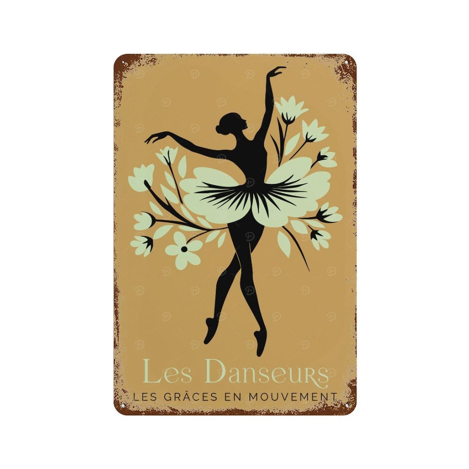 Ballet Dancer Silhouette with Floral Tutu Aged Metal Wall Plaque 11.8"x7.9", for Office, Studio And Wall Decor, Novelty Wall Decor