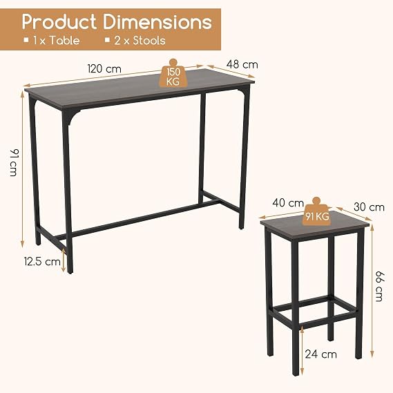 COSTWAY Bar Table Set with 2 Stools, 3 Pieces Breakfast Bar Set with Footrest, Counter Height Dining Table and Chairs for Home Kitchen Pub Cafe (Gray+Black)