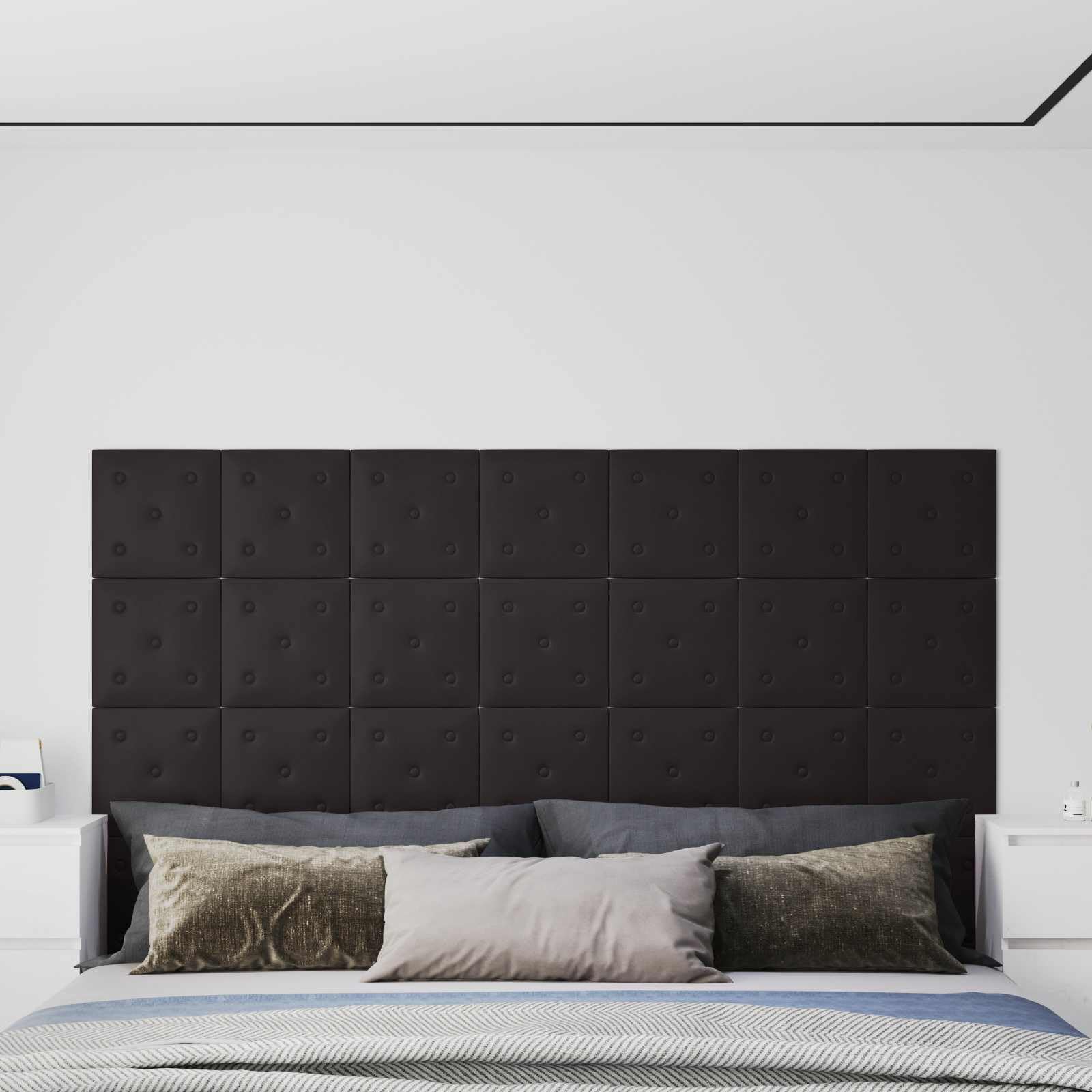Juego de 12 cabezales de pared, paneles acolchados de 30 x 30 cm para cama y pared, piel sintética negra, tapicería modular para dormitorio moderno, paneles rectangulares para decoración de