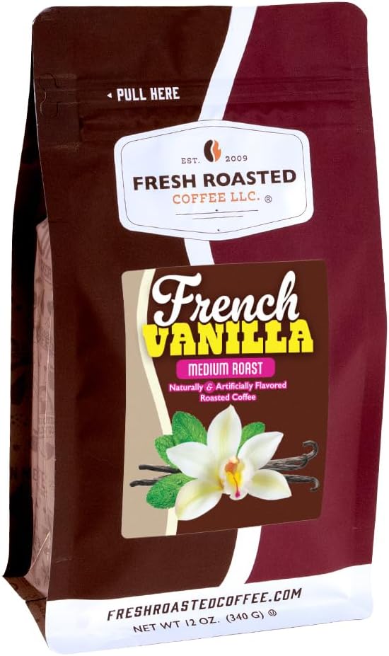 Fresh Roasted Coffee, French Vanilla Flavored Whole Bean Coffee, Medium Roast, Kosher, 12 oz