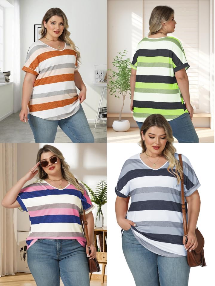 DOLNINE Plus Size Tops for Women V Neck Color Block Striped Tshirts Loose Fit Short Sleeve Shirts Casual Summer Tunic Tees - Image 5