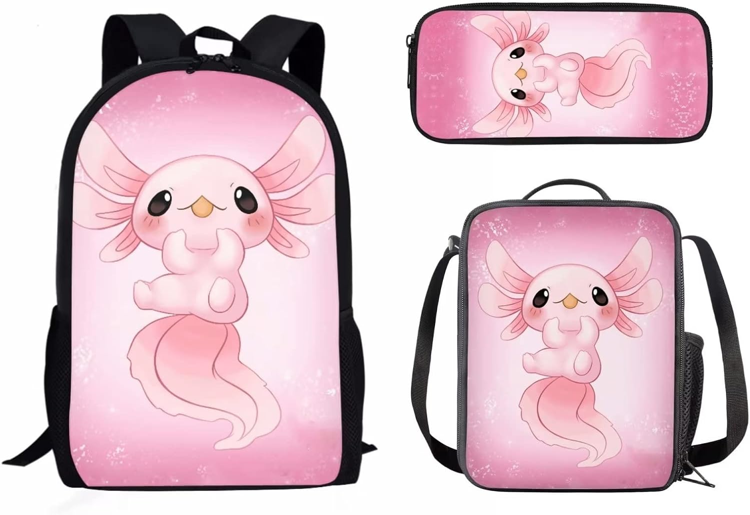 Tomeusey Pink Axolotl Print Kids School Book Bag Sets, Backpack with Lunch Box Pen