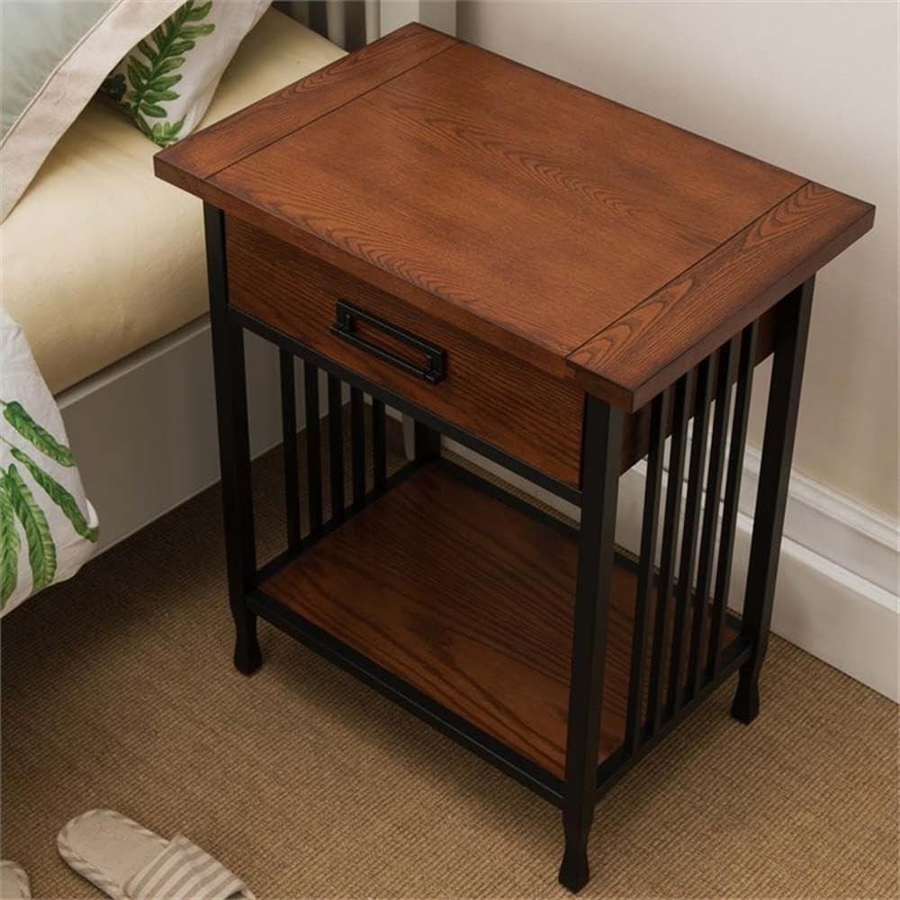 Bowery Hill 1 Drawer Nightstand, 28" H x 24" W x 16" D, Hardwood Solids and Oak Veneers, Mission Oak Finish, Blackened Metal Slats, Lower Display Shelf, Full Extension Drawer Guides, Bedroom Furniture