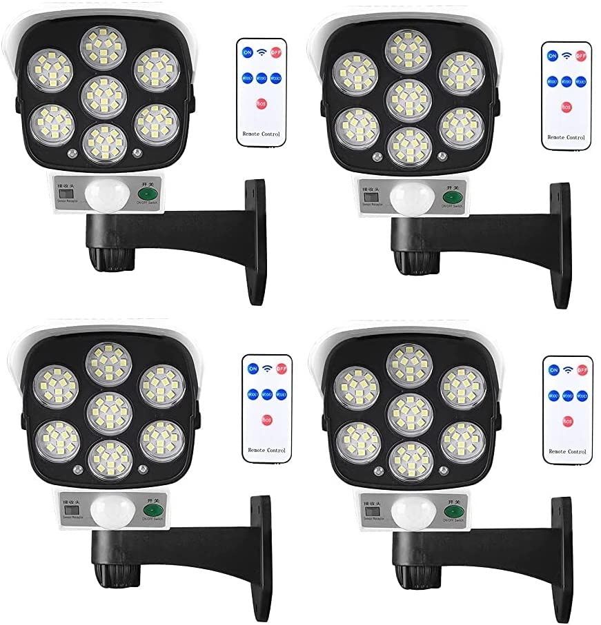 AntDau71 - 4 x Telecamere FINTE da esterno Sicurezza e antifurto con pannello solare sensore di movimento Telecomando. Impermeabile, con luce LED rossa lampeggiante con 77 led faretto luce