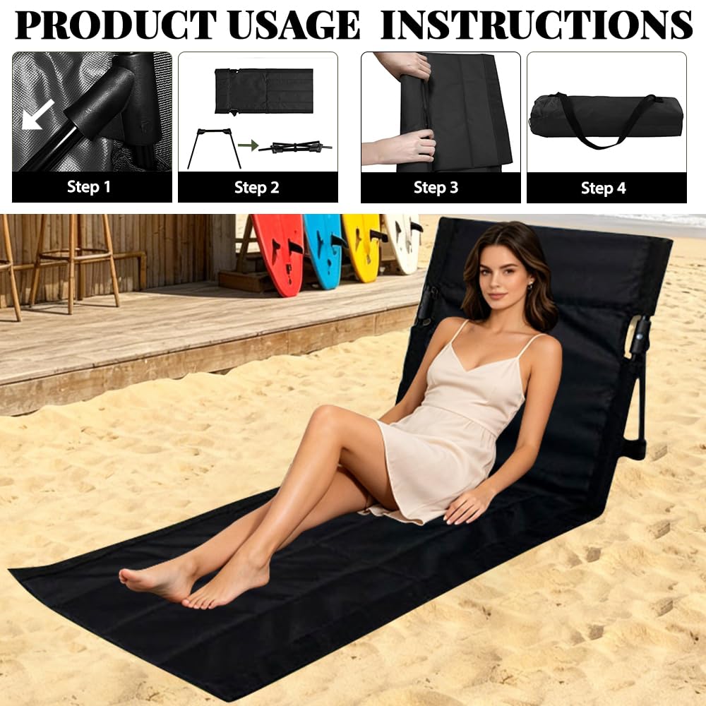 Strandmatte mit Rückenlehne Faltbar, Strandkorb mit Rückenlehne, Strandstuhl Klappbar Leicht mit Tragegurt, Campingstuhl Klein für Garten Konzerte Bergsteigen Camping (C – Schwarz (Lange)