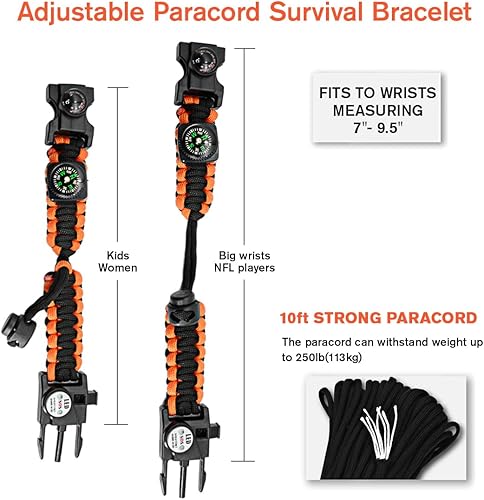 Miniatura 34 de Kit de equipo ajustable de pulsera de paracaídas de supervivencia 20 en 1 con luz LED SOS, iniciador de fuego, brújula más grande, silbato de Camo