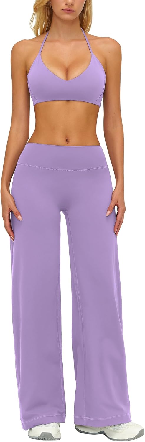 AGYMNX Workout Sets for Women 2 Piece Halter Sport Bra Cami Top Butt-lifting Flare Leggings with Pockets Active Outfits