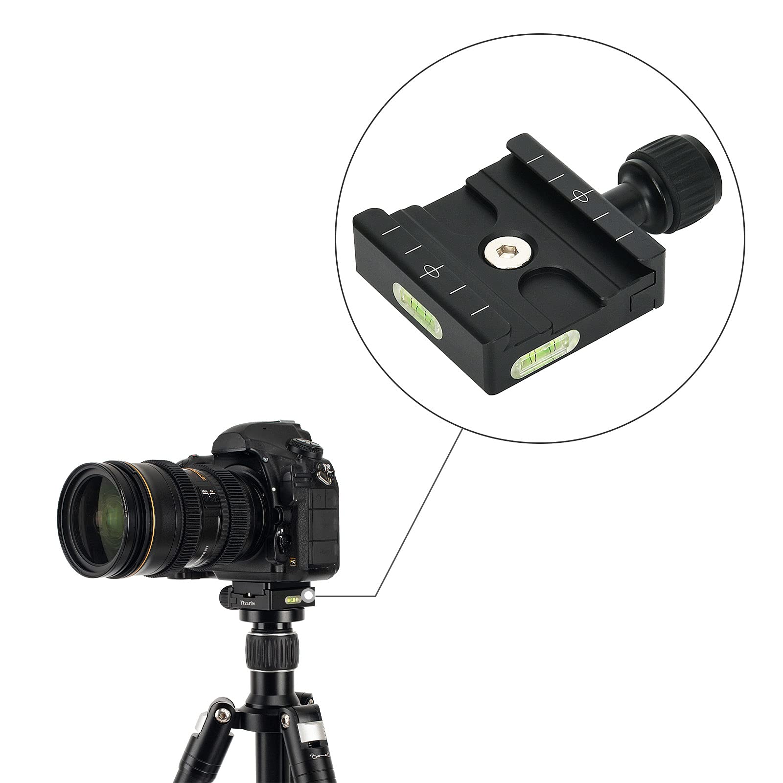 Placa de liberación rápida de aluminio de 50 mm con adaptador de 1/4 pulgadas y nivel de burbuja Ytvariw, compatible con cabeza de bola de trípode (50 mm)