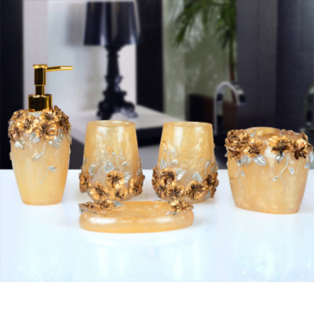 Ensemble de salle de bain chic style européen doré en résine 5 pièces