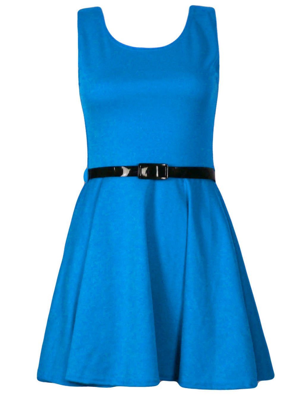 Sleevless Plain Skater Dress Belted (SM, Turquoise)