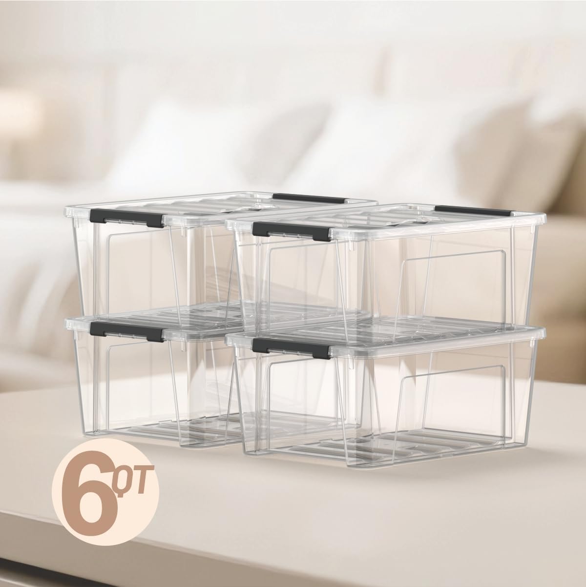 clear 9-pack plastic storage bins with lids, 6 quart stackable containers organization with latch buckle