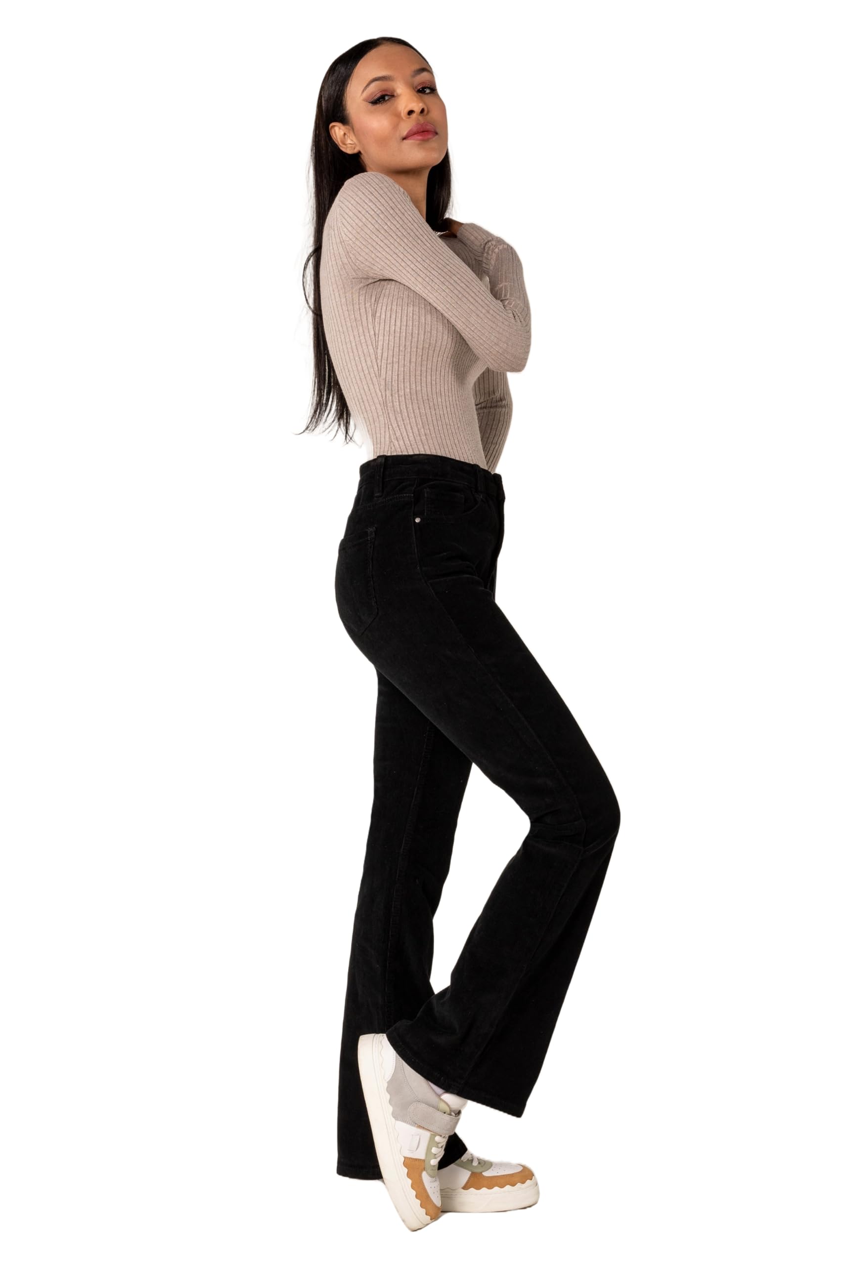 Nina Carter J221 - Pantaloni da donna a vita alta, in velluto a coste, stile vintage