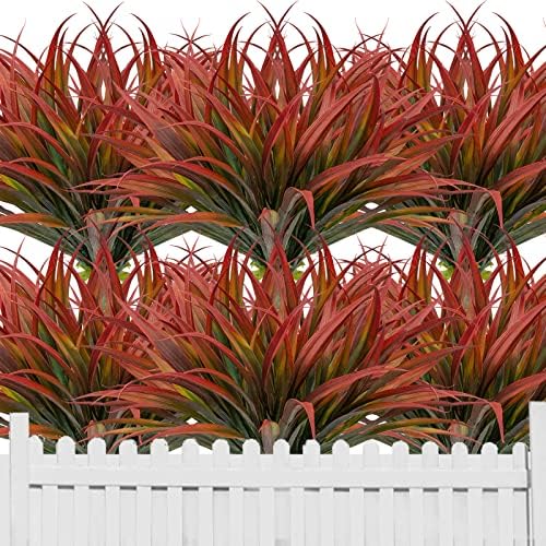 LUZOGA 12 Pcs Outdoor Fake Plants UV Resistant Artificial Tropical Plants Fake Grass for Home Window Garden Office Patio Hanging Planter Pathway Front Porch（Red）