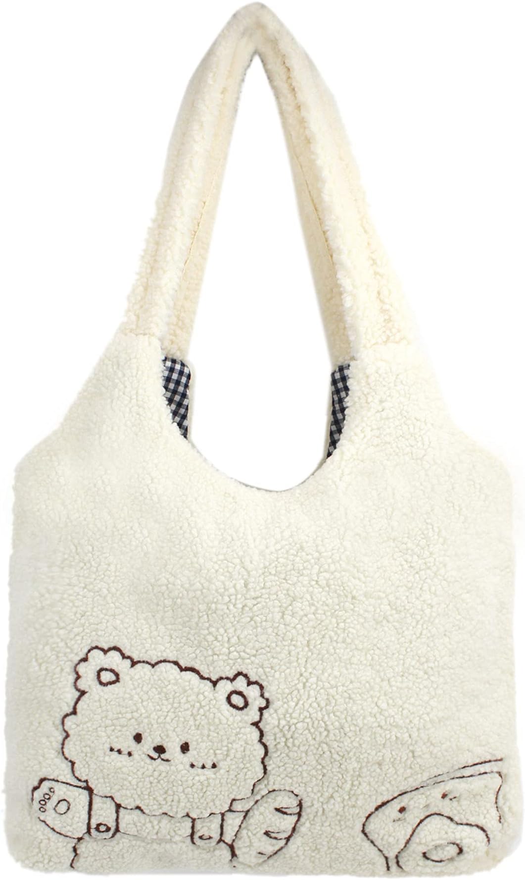 Plush Shoulder Handbag Cute Bear fluffy Tote Handbag Large faux Lamb Wool Shopping Bag, 06309lattice Lining, One size