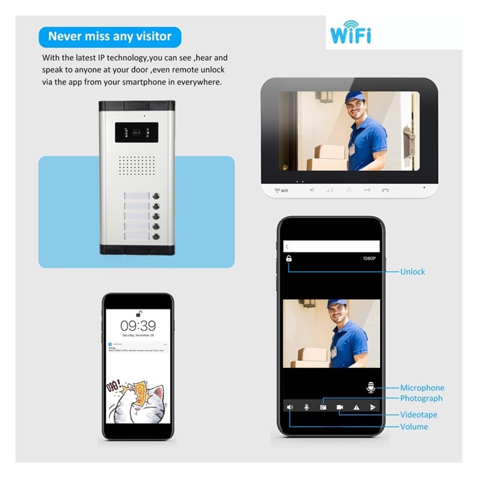 Wizualny dzwonek do drzwi 7 ''przewodowy WIFI Kolorowy Wideodomofon Domofon IR Kamera Noktowizyjna Dzwonek Do Drzwi Monitor Wewnętrzny Ekrany Dla 2~8 Mieszkań Dla bezpieczeństwa w domu(Size:H-V70MGW