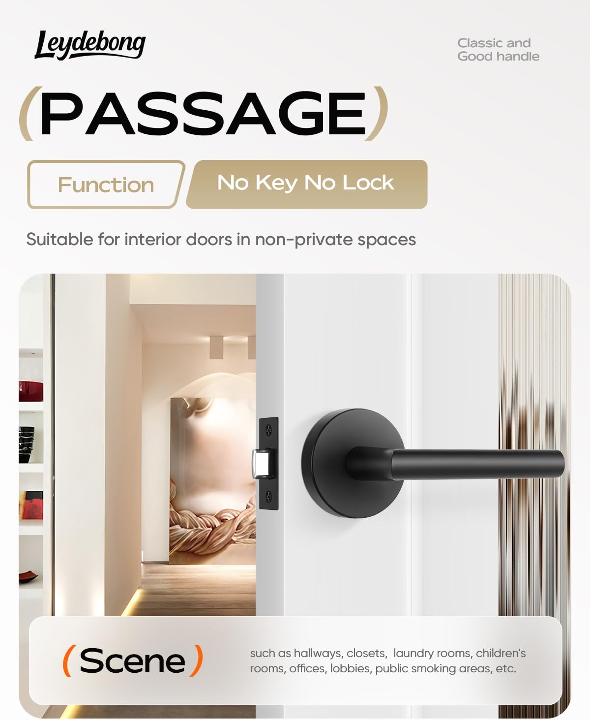 Leydebong 1 Pack Matte Black Door Handles Interior Passage Door Knob Lever, Interior Door Handles Matte Black for Closet, Nonlockable Hallway Closet Door Handle
