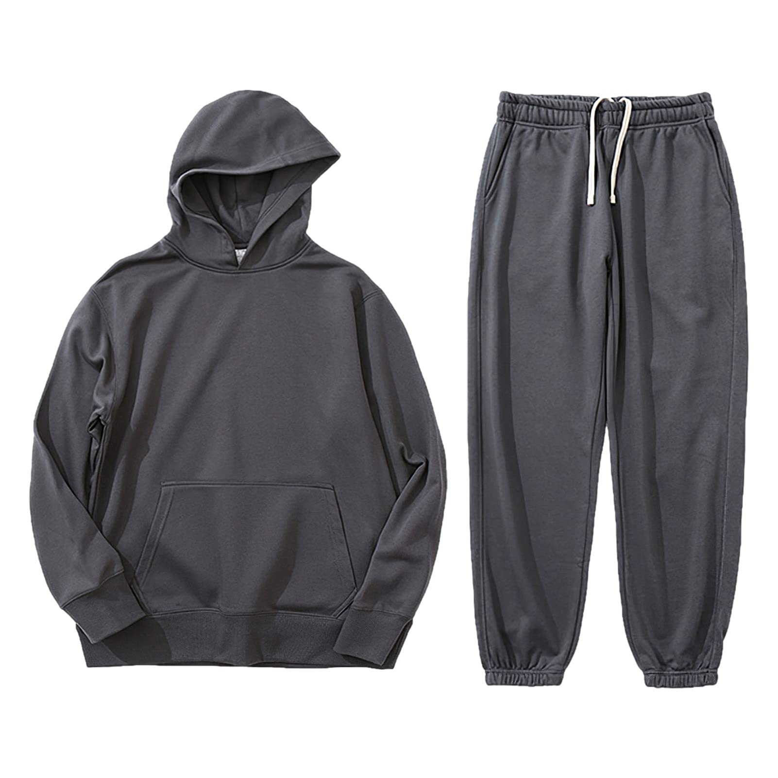 Unisex Uomo Donna 2 Pezzi Tuta da Ginnastica in Cotone - Felpa con Cappuccio e Pantaloni da Jogging con Tasche Grigio Carbone M