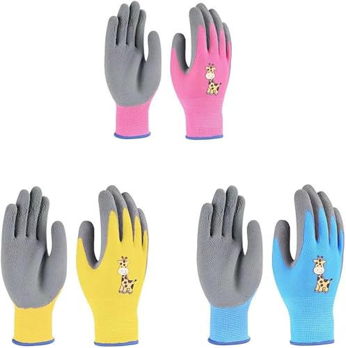 Miniatura 6 de LqIan 3 pares de guantes de jardinería para niños de 3 a 11 años, guantes de trabajo para niños con revestimiento de goma para niñas y niños