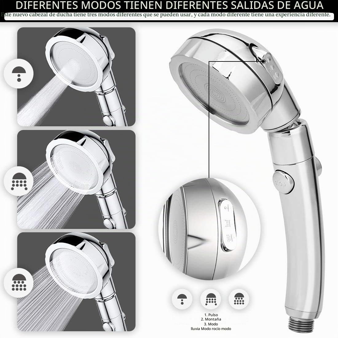 Alcachofa de ducha de mano inoxidable 59" con soporte ajustable, ahorro de agua de alta presión