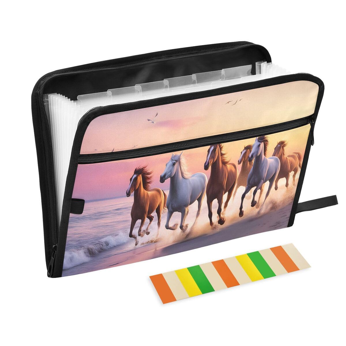 ALAZA Beautiful Horse Ocean Wave Expandable Filing Folder Storage Organiser Box Files, 13 Pockets Zip Filing Folders for Home or Office Documents