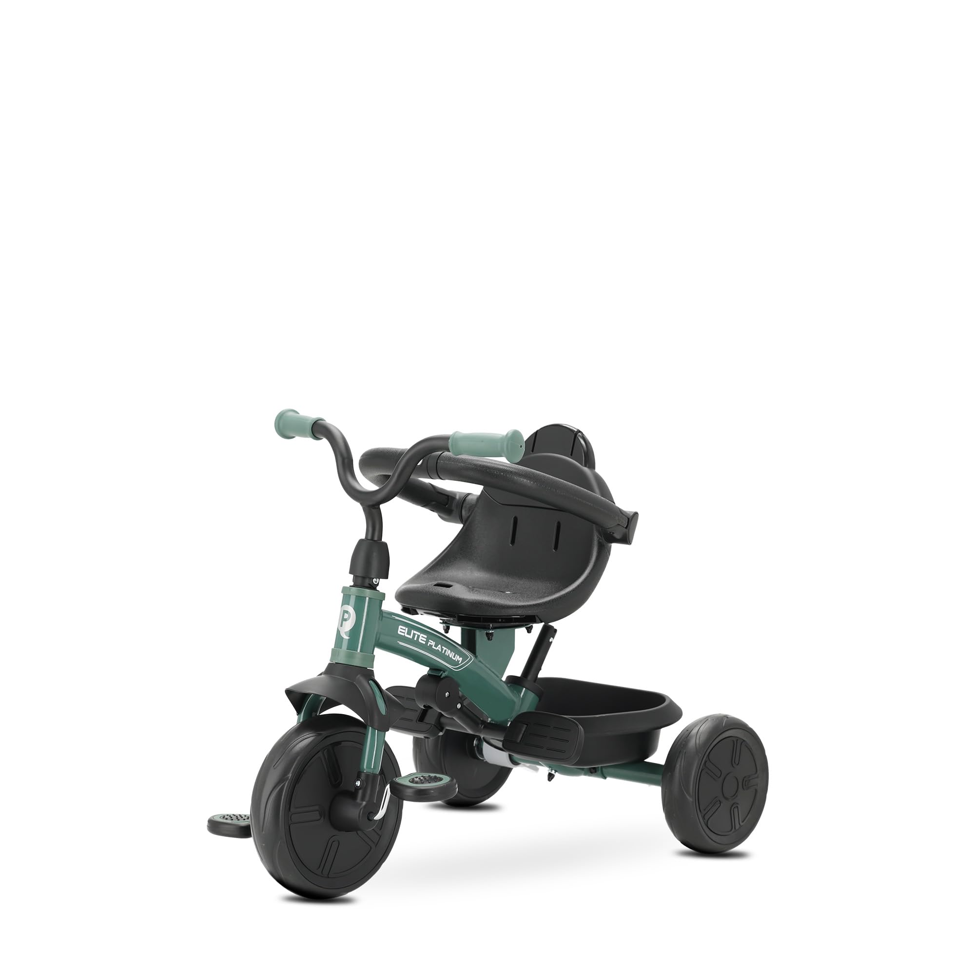 Triciclo Evolutivo QPLAY Elite Platinum 6 in 1 con sedile girevole a 360°, per bambini da 10 a 36 mesi, Maniglione direzionale, Capottina XL, Poggiapiedi e cestino (Verde)