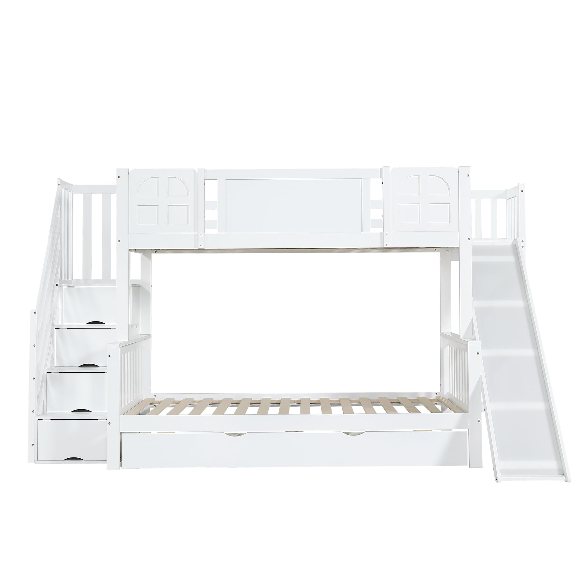 Etagenbett, 90x200cm, 90x200cm, Weiß, Kinderbett Mit Fenster, Mit Kinderrutsche, Schubladen mit Rollen, Treppen mit Handlauf, Mit 4 Schließfächer in der Treppe, Vielseitiges Design, Reichlich Stauraum