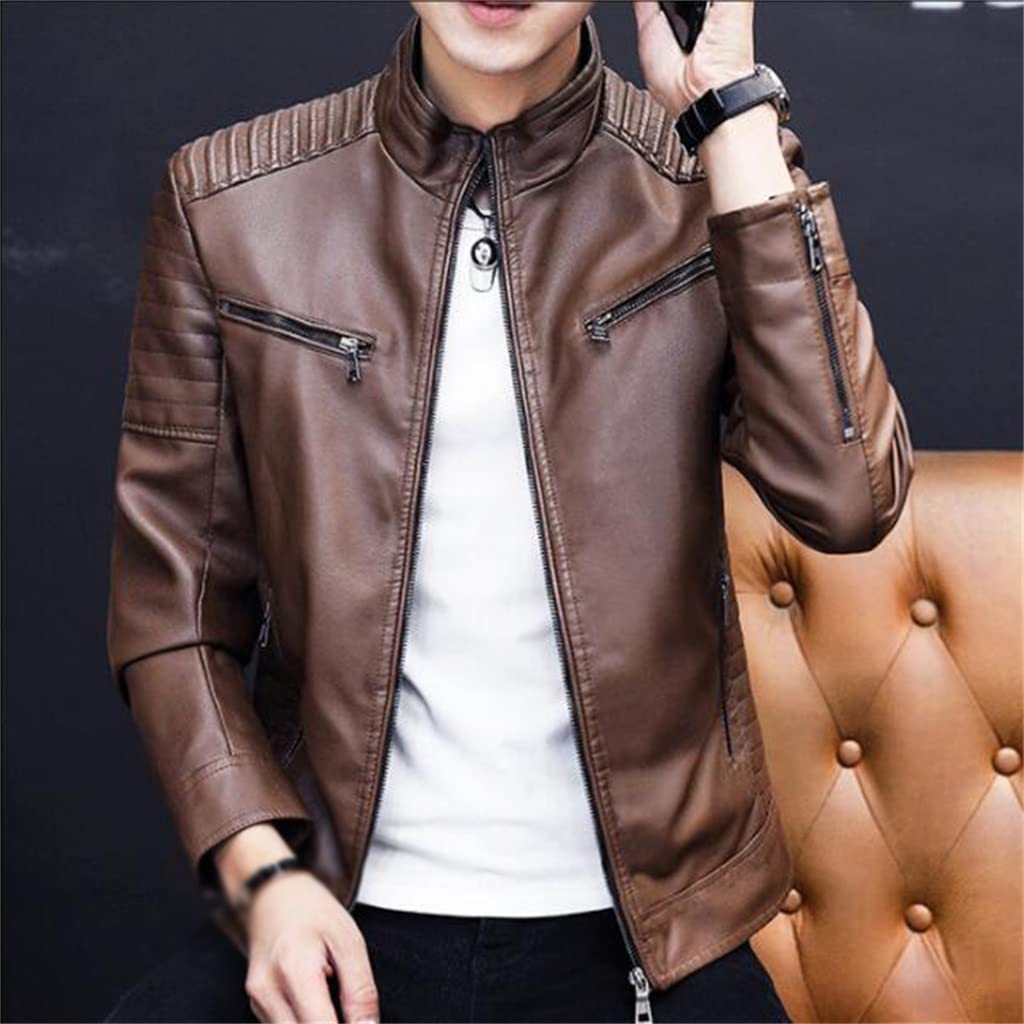 RATS STAND COLLAR LEATHER JACKET カウレザー XIAOJUN Men's Leather Jacket Youth Stand Collar Slim Fit Zip Cuff