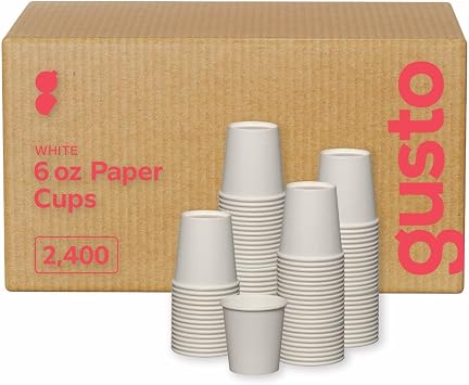 GUSTO 6 oz White Paper Cups for Coffee & Tea [Case of 2400] Sturdy, Disposable Drinkware for Espresso, Hot Drinks & Parties Formerly Comfy Package