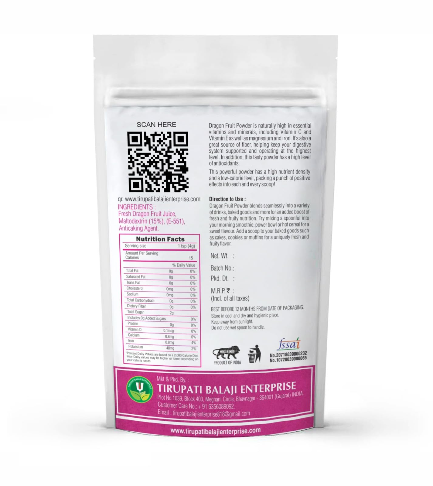 NATURE'S Precious Gift Dragon Fruit Powder for Juices, Smoothies, Milk Shakes, Fruit Salads - Vegan, Gluten-Free (Pack of 100gm)