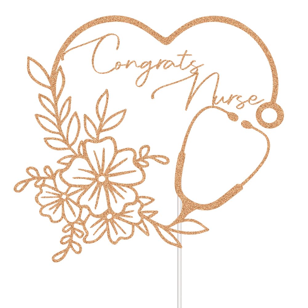 Congrats Nurse Cake Topper - Glitter Nursing BSN RN Graduation Cake Decor - Class of 2025 Medical School Graduate Party Decorations Rose Gold