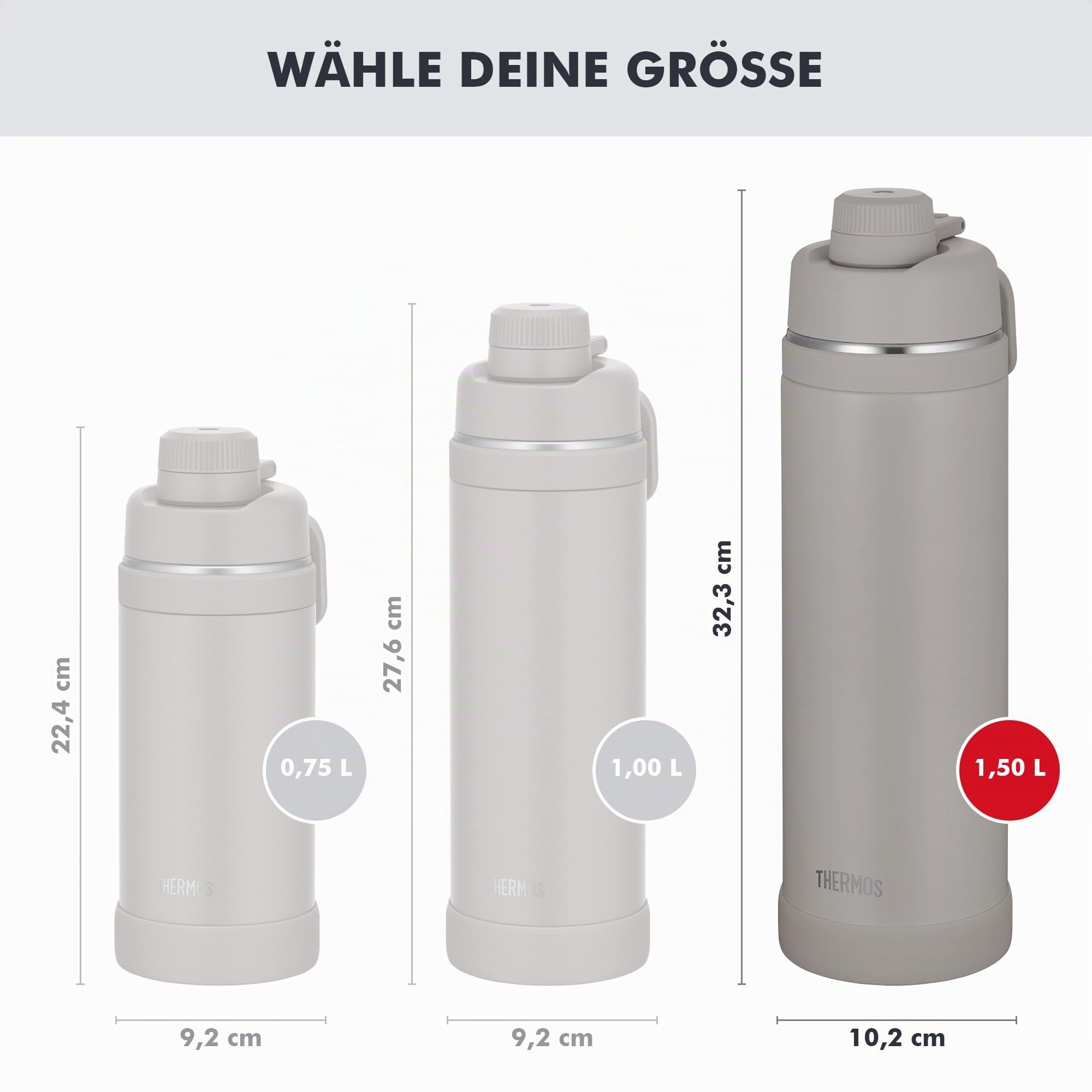 THERMOS ULTRALIGHT MAX Isolierflasche 1,50 l, 24 h kalt, moon rock mat | 12 h heiß, ultraleicht, absolut dicht, Edelstahl-Trinkflasche mit Tragegriff, für Sport, Outdoor & Reisen, grau