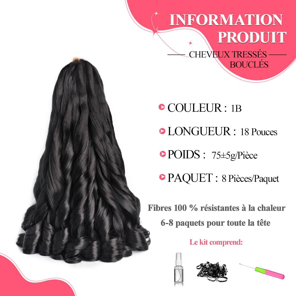 18 Inch French Curly Braiding Hair 8 Packs Natural Black Synthetic French Curl Crochet Hair for Black women(1B#, 18Inch (Pack of 8))