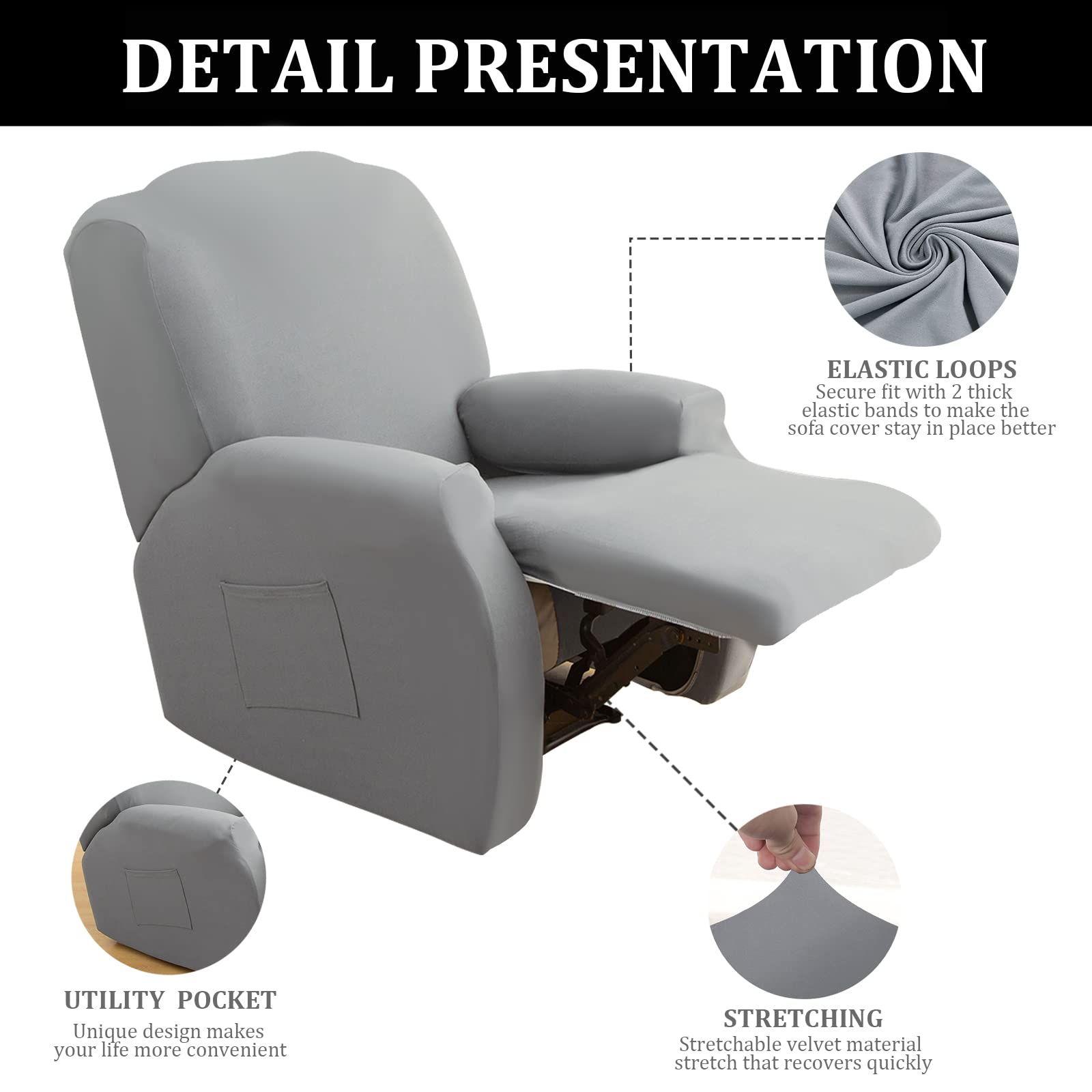 Jaotto Copripoltrona Relax Reclinabile,Fodere Copripoltrona 1 Posto Universale,Moderne Copripoltrona Relax Reclinabile con Tasche Lavabile,Coperture per Divano da Massaggio,Grigio Fumo