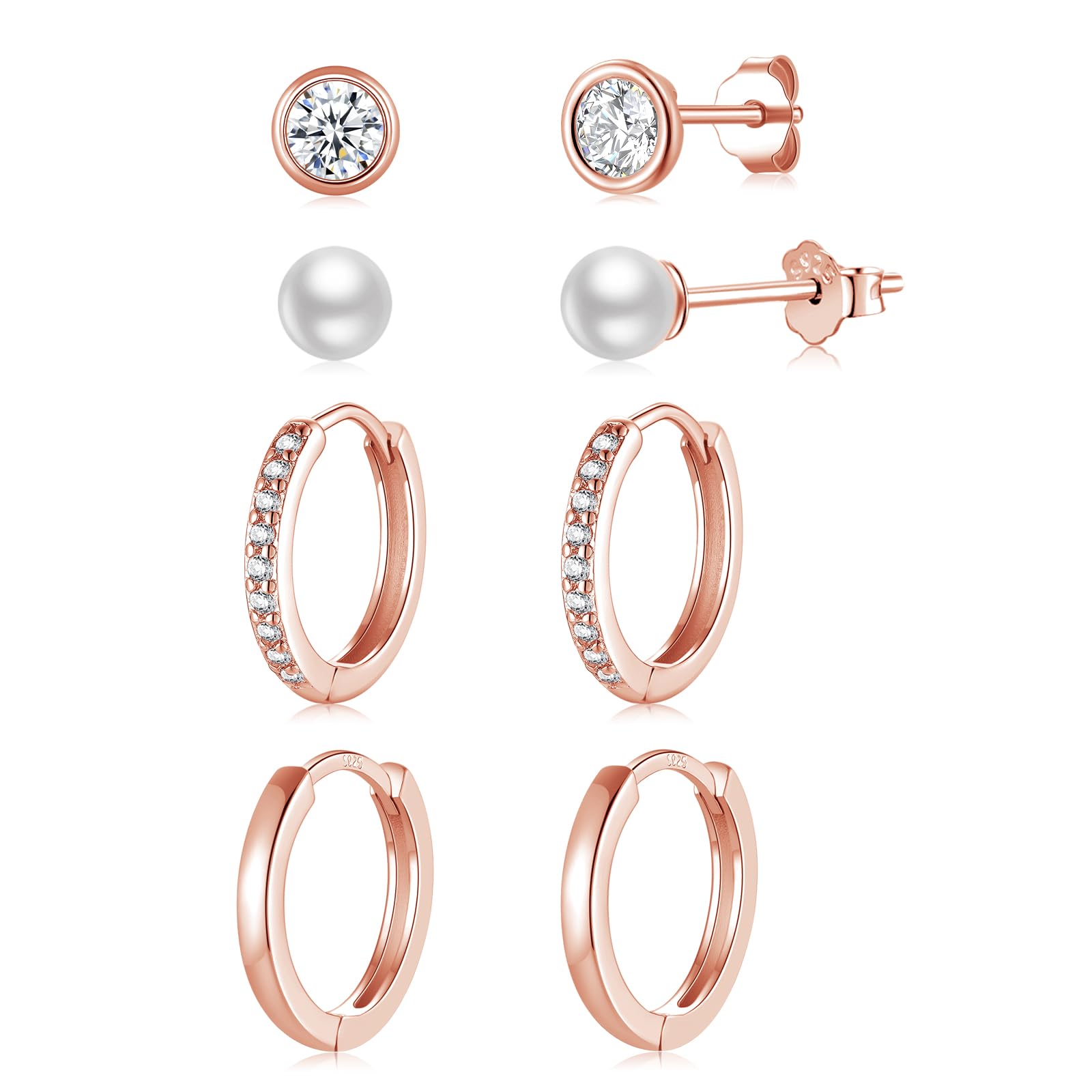 4 Paar Ohrstecker Creolen Silber 925 Klein für Damen, AAA+ Zirkonia Ohrstecker Ohrringe Gold Set, Knorpel Huggie Ohrringe für Mädchen Frauen