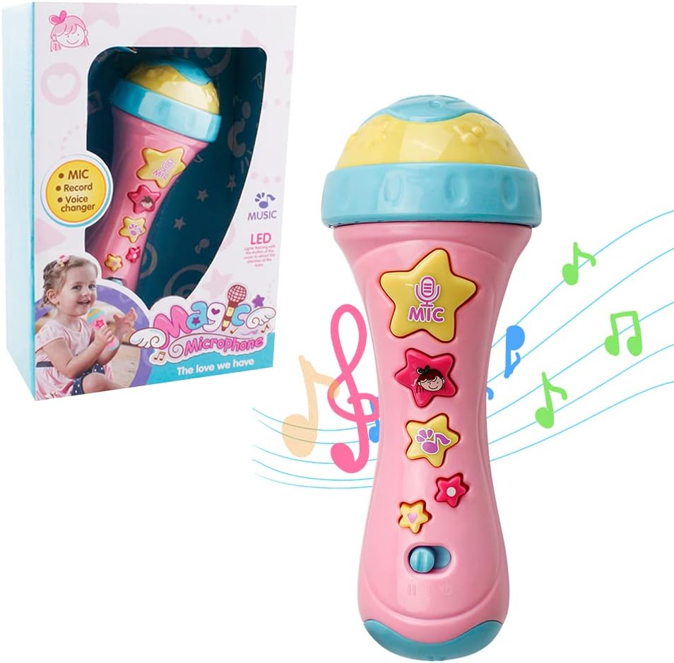 WISHTIME Kids Karaoke Microphone Music Toys - Toddler Singing Karaoke Microphone Machine with Long Recording Voice Change and Lights for Kids Toddlers Boys and Girls(Pink Microphone)