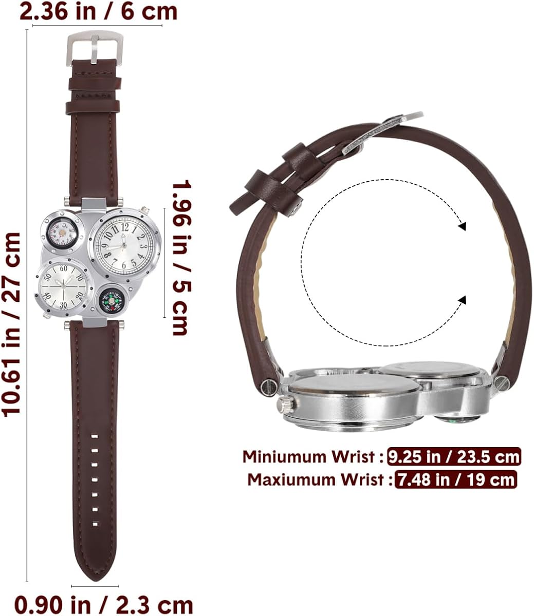 NICERIO Mens Big Face Watches - Cool Wrist Watch Genuine Leather Strap Dual Time Zone Sport Watch Analog Quartz Display with Thermometer Compass