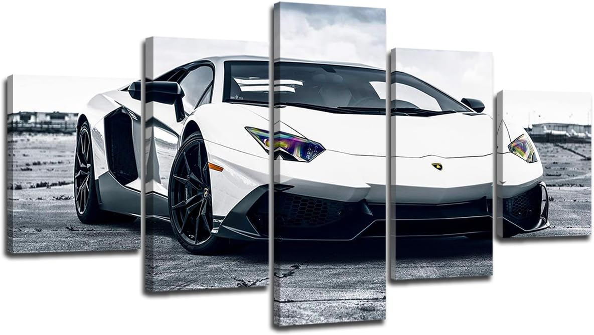 Black and White Lamborghini Wall Art Car Poster Boys Room Decor Racing Car Picture Modern Living Room Canvas Prints Cool Painting for Mens Bedroom Sports Artwork Office Home Decorations 60x32” 5Pcs 32.00" x 60.00" Lamborghini Car