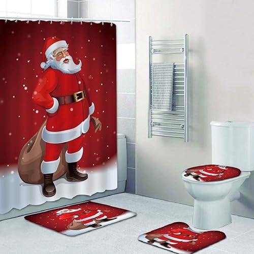 Miniatura 35 de Juego de 4 cortinas de ducha con alfombra antideslizante, cubierta para tapa de inodoro y tapete de baño, cortina de ducha de Papá Noel con 12 Papá