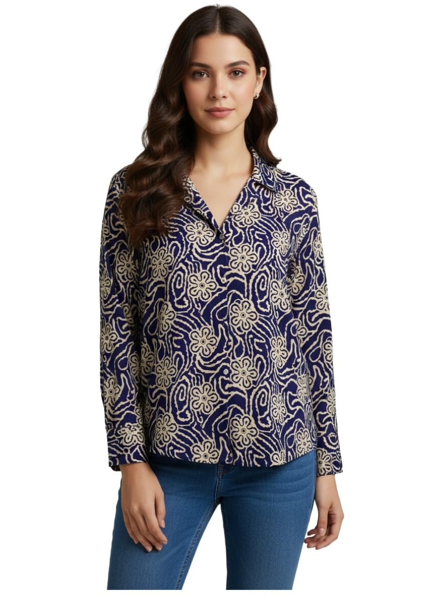 ANNI Designer Bedrucktes Damenhemd aus Baumwollmischgewebe, langärmelig, normale Passform, Hemdkragen, legere Bürokleidung, elegante Western-Kleidung für den Alltag, Hochzeit, Party