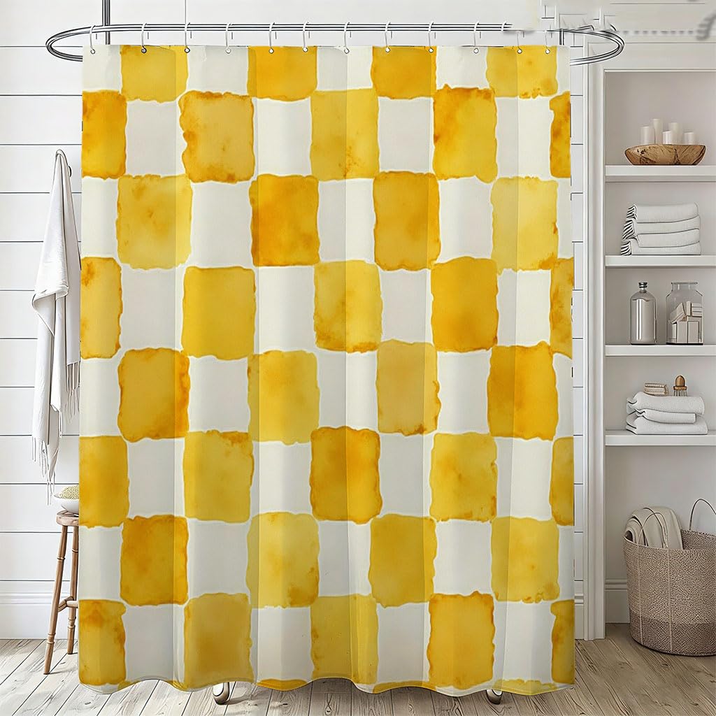 SPXLUCAU Yellow Watercolor Checkerboard Pattern Bathroom Decor Shower Curtain with Hooks, Bathroom Bathtub Partition Waterproof(100x200cm/39x79in(WxH)