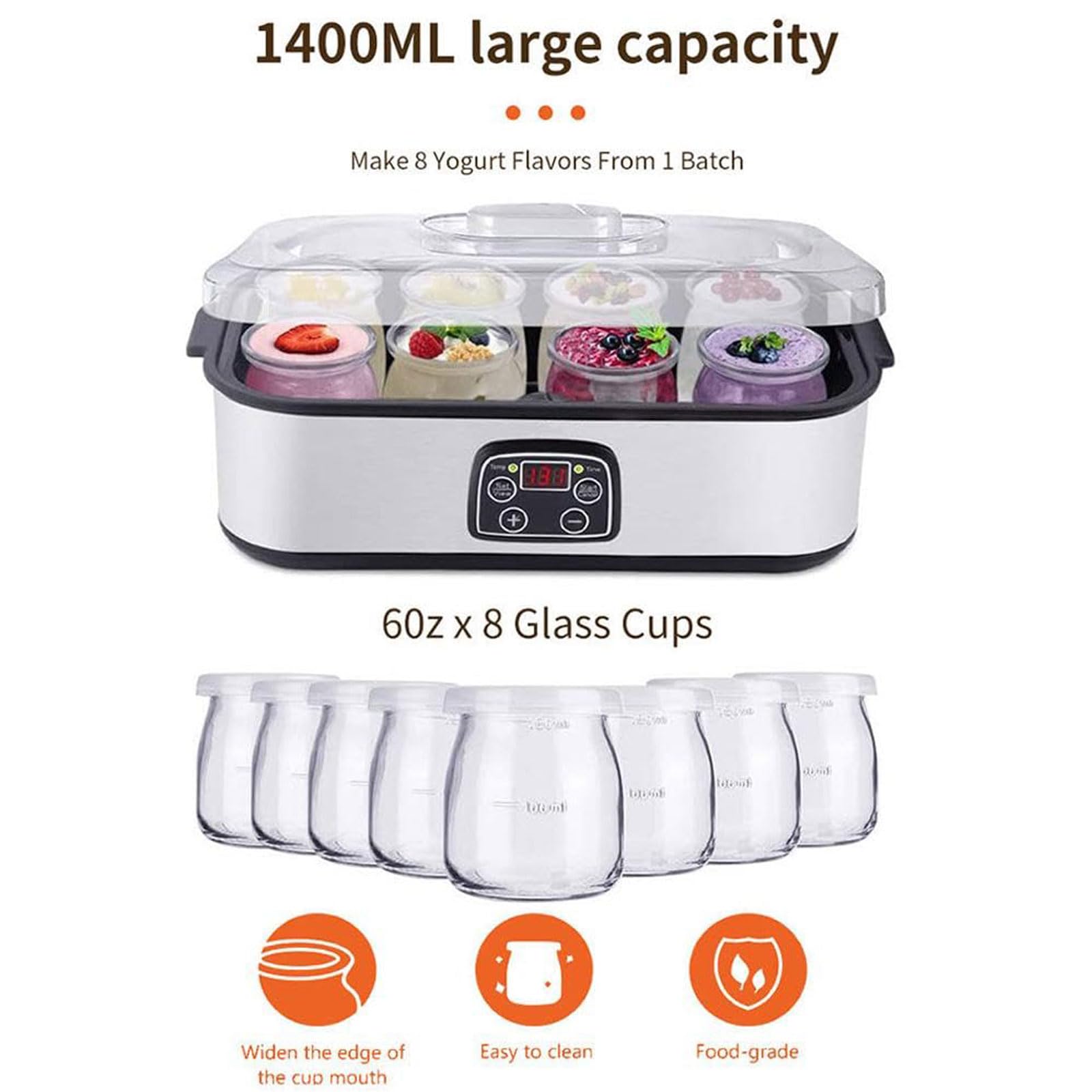 Yaourtière numérique avec écran LCD, capacité de 1400 ml, comprend 8 bocaux en verre pour yaourt et desserts faits maison
